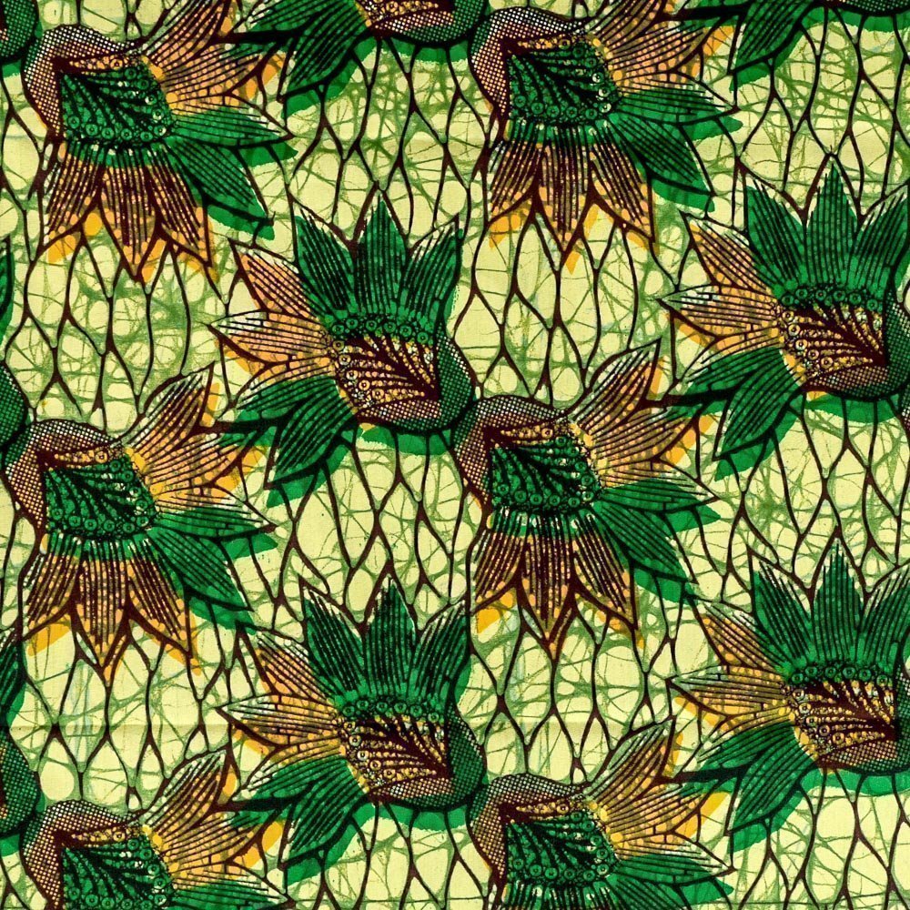 Tissu Wax Africain N°264 Fleurs Jaunes et vertes sur fond Vert