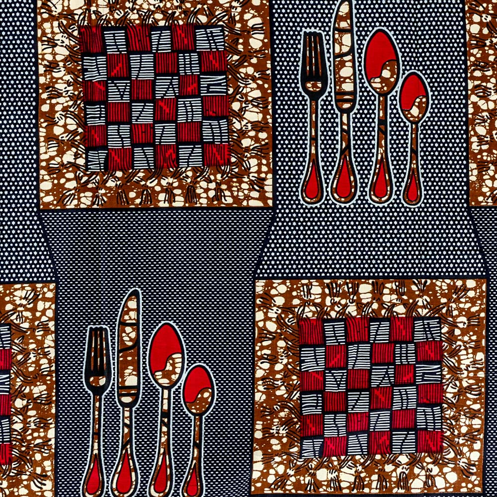 Tissu Wax Africain N°265 Couverts Marrons et rouges sur fond Bleu marine et bleu ciel