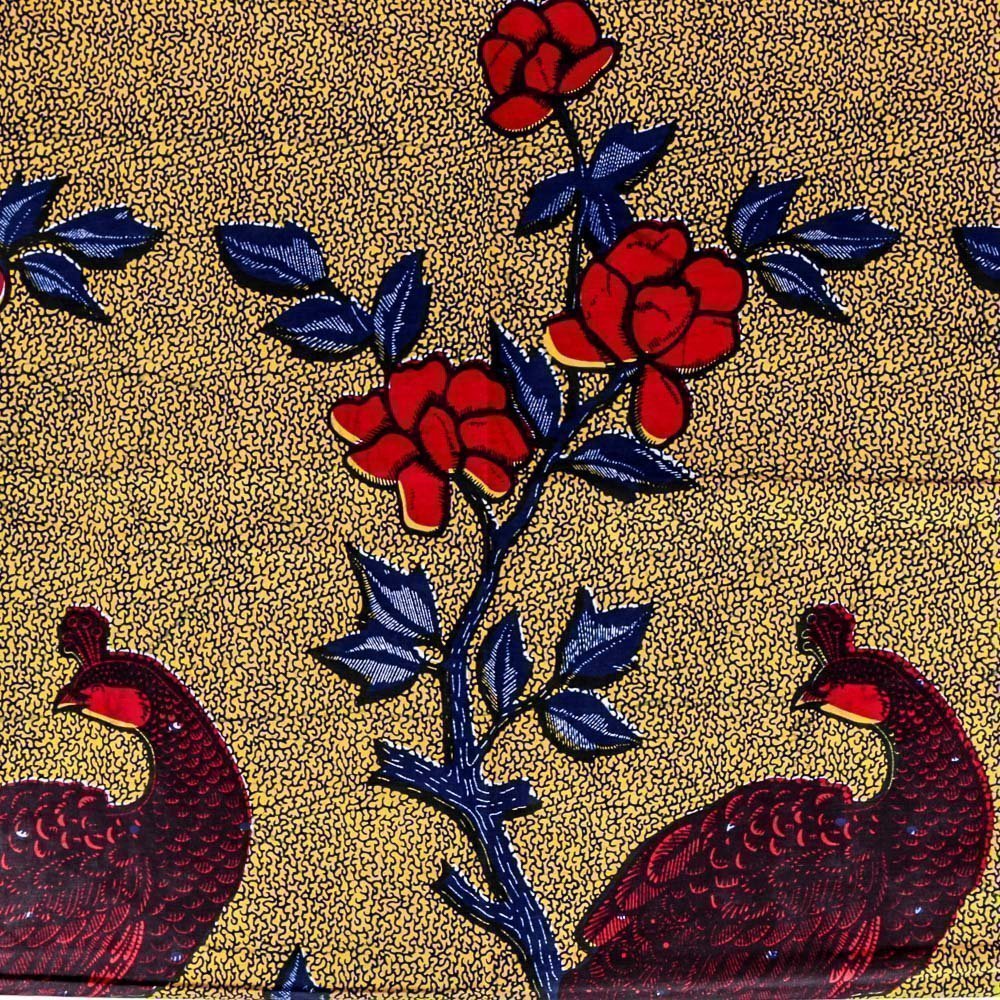 Tissu Wax Africain N°266 Paons et fleurs Rouges et bleus sur fond Jaune