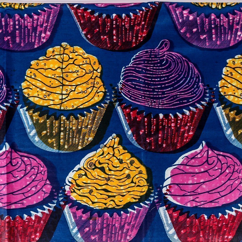 Tissu Wax Africain N°267 Cupcakes Roses et jaunes sur fond Bleu nuit