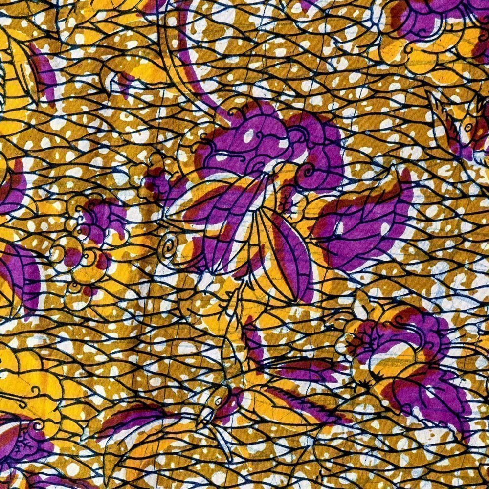 Tissu Wax Africain N°268 Fleurs et oiseaux Violets et jaunes sur fond Moutarde