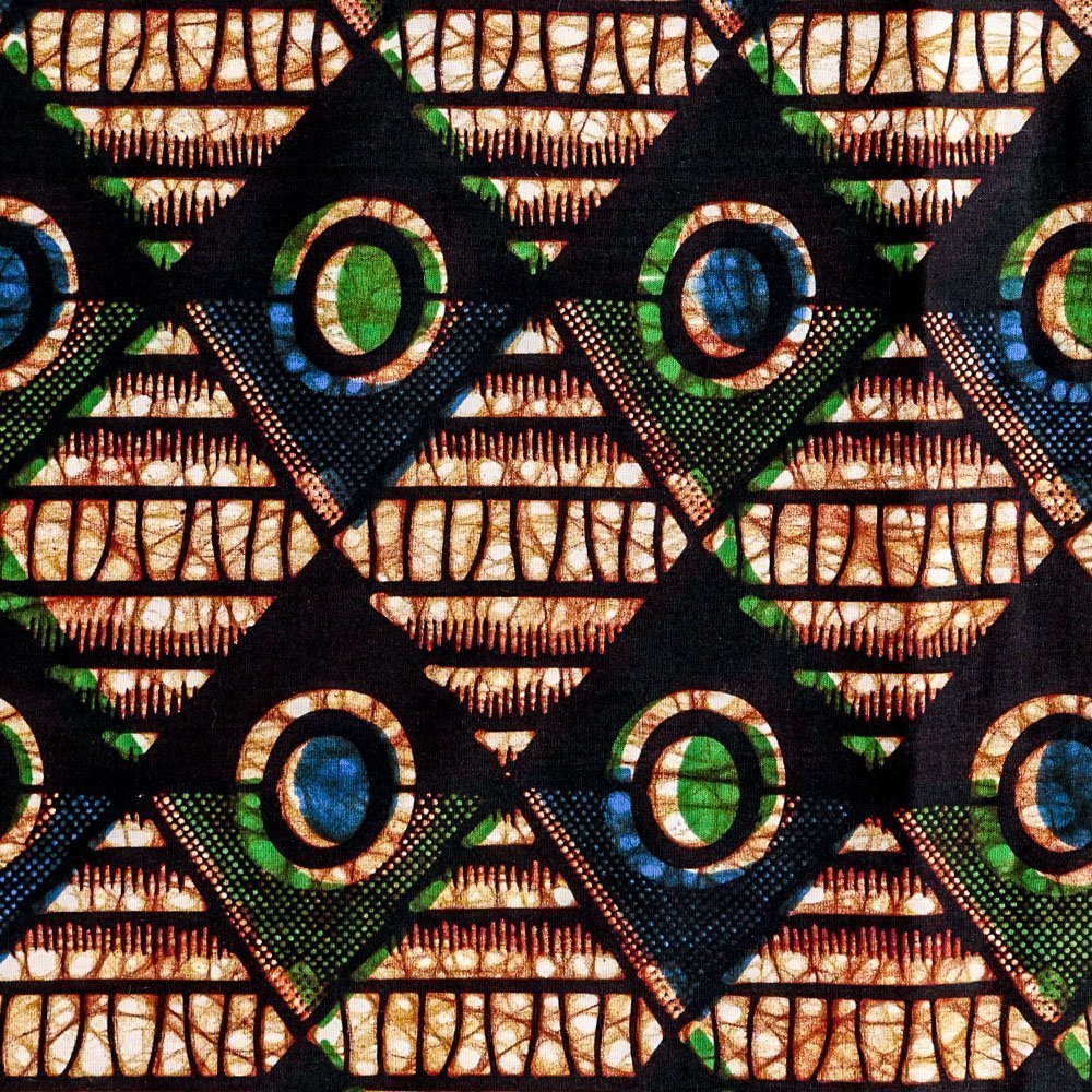 Tissu Wax Africain N°269 Triangles Verts et bleus sur fond Noir