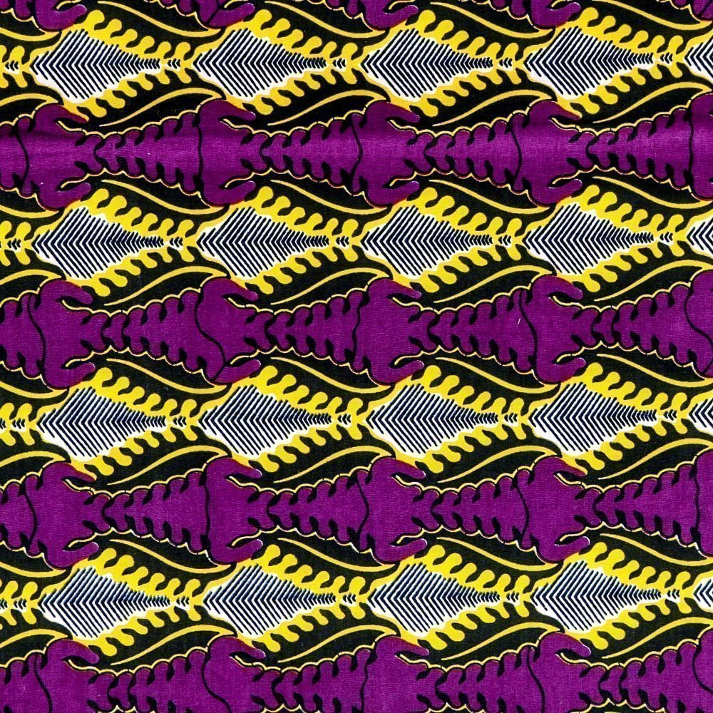 Tissu Wax Africain N°271 Motifs Africains Jaunes et noirs sur fond Violet