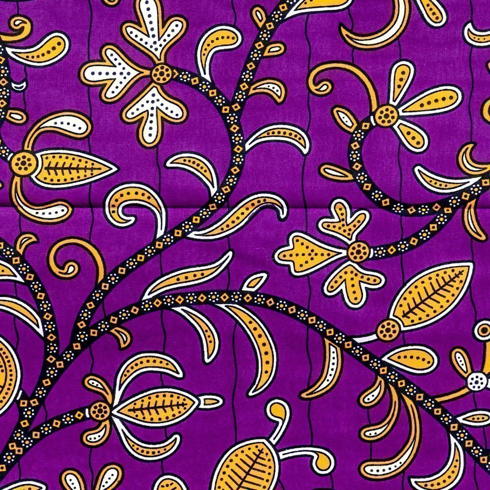Tissu Wax Africain N°272 Fleurs Jaunes et noires sur fond Violet
