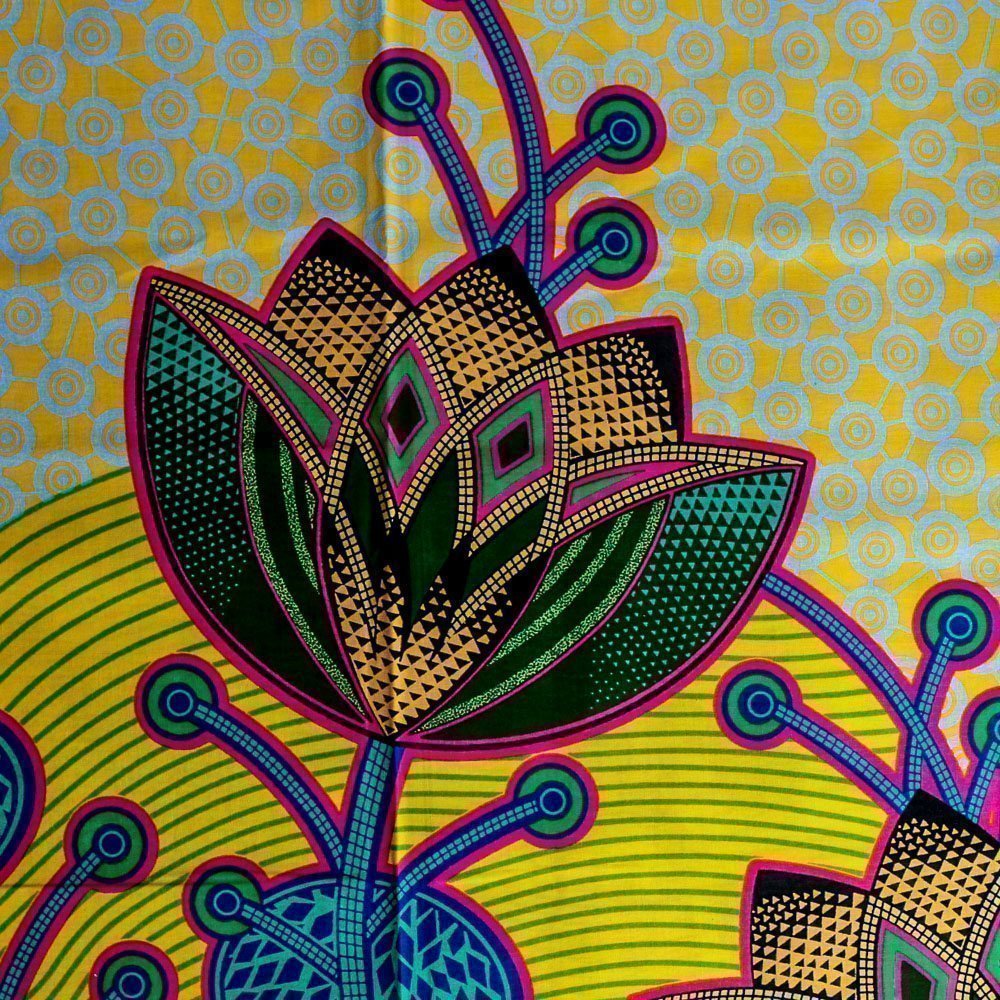Tissu Wax Africain N°273 Fleurs Multicolores sur fond Jaune