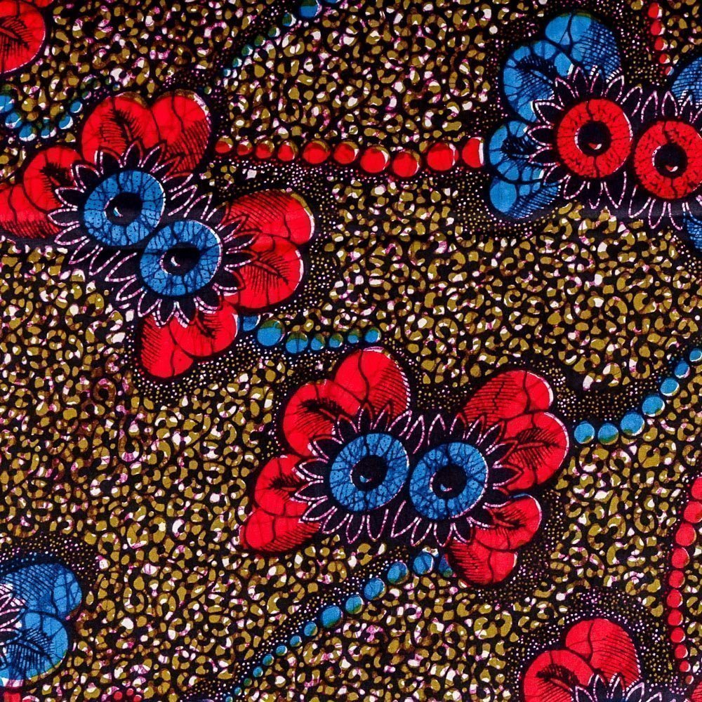 Tissu Wax Africain N°274 Fleurs Rouges et bleues sur fond Kaki