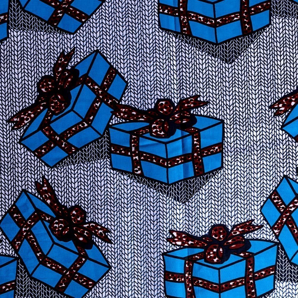 Tissu Wax Africain N°275 Cadeaux Bleus et marrons sur fond Blanc