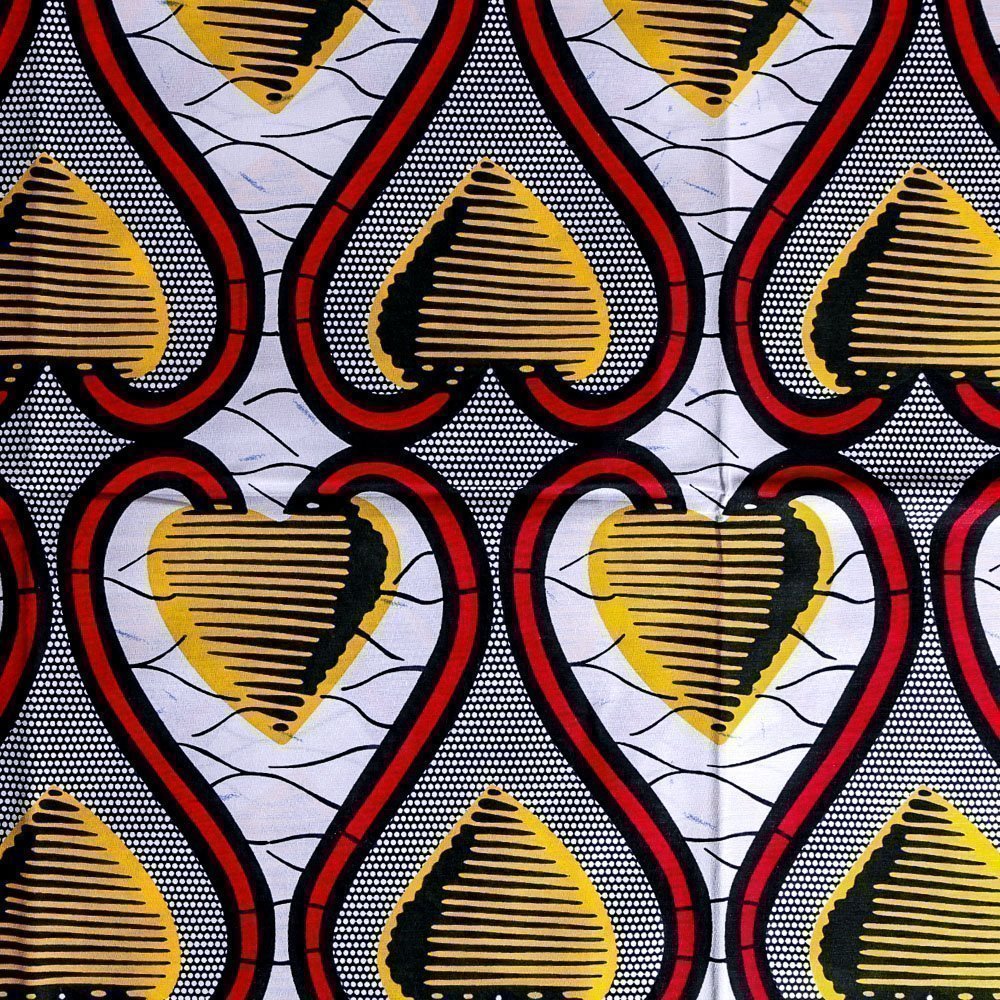 Tissu Wax Africain N°276 Coeurs Jaunes et rouges sur fond Blanc et bleu marine
