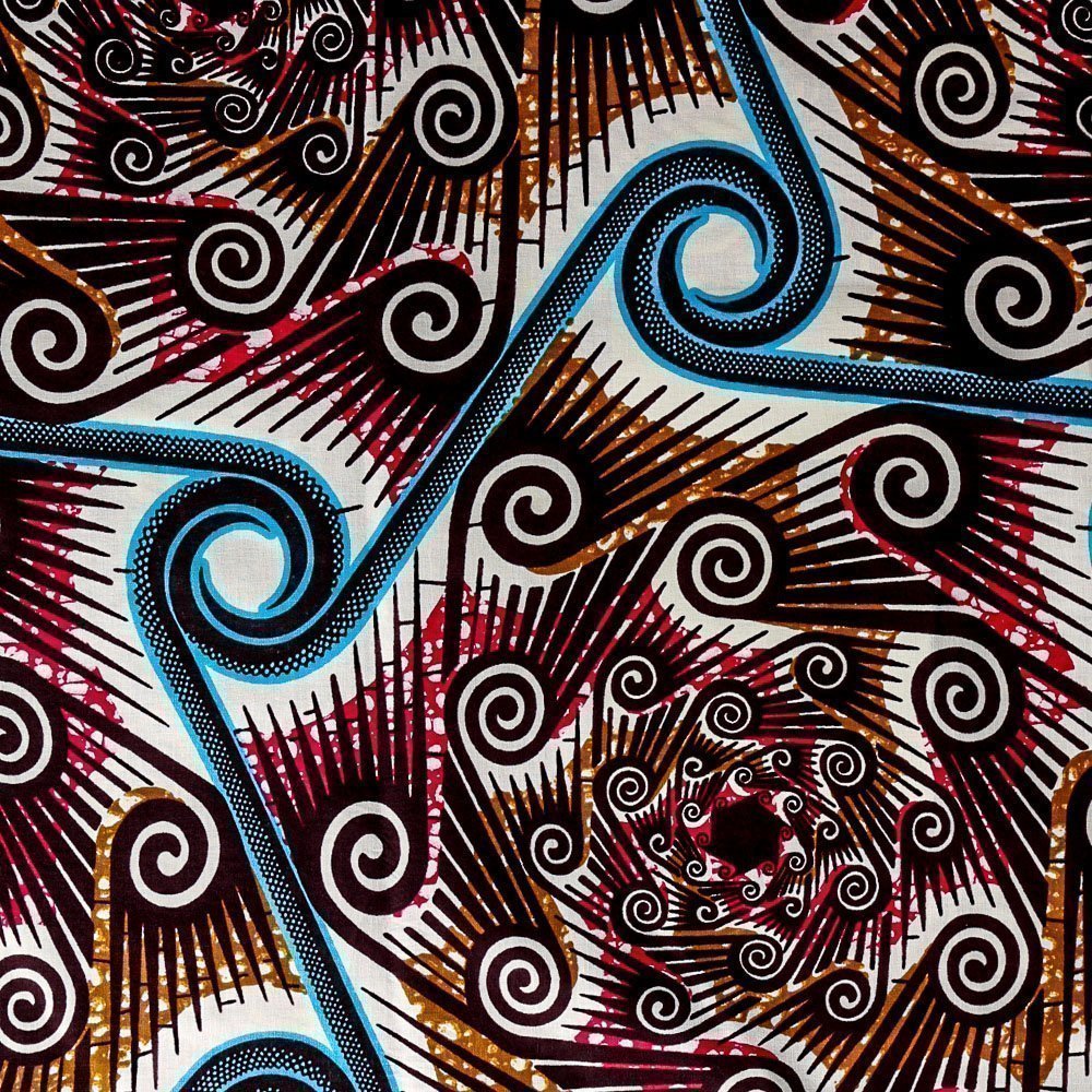 Tissu Wax Africain N°277 Spirales Bleues et roses sur fond Ecru