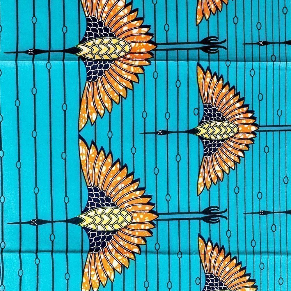 Tissu Wax Africain N°278 Hérons Oranges et jaunes sur fond Emeraude