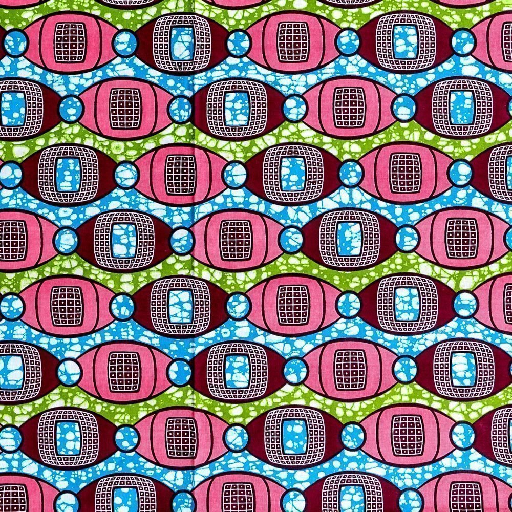 Tissu Wax Africain N°279 Ovales Roses et bordeaux sur fond Bleu et vert