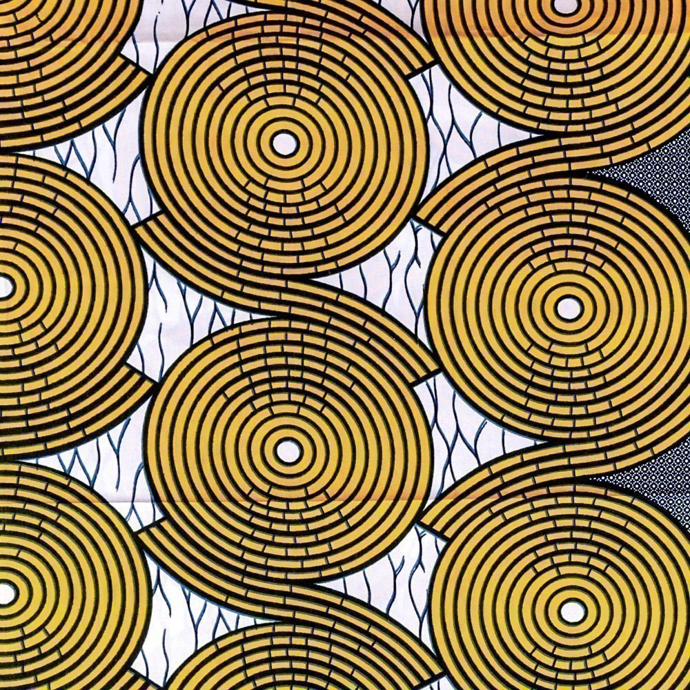 Tissu Wax Africain N°280 Cercles Jaunes et noirs sur fond Blanc