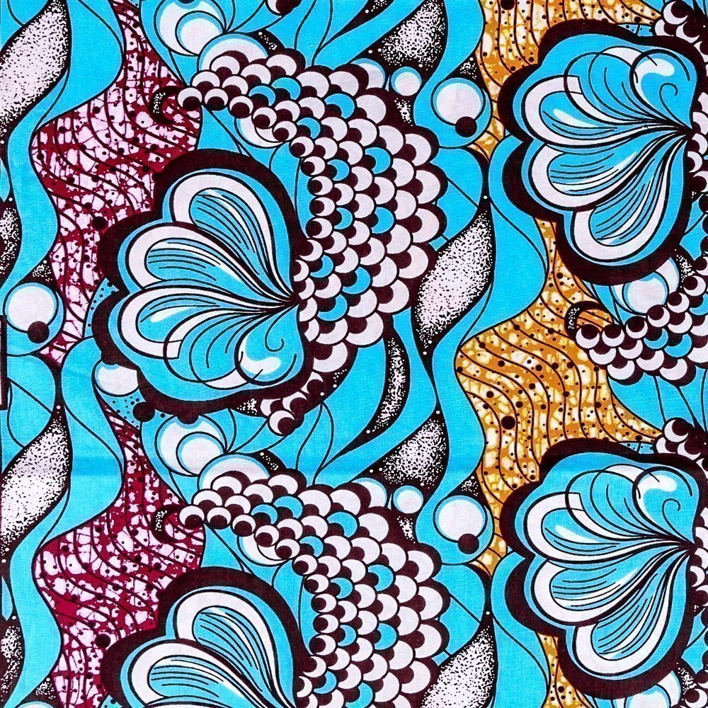 Tissu Wax Africain N°281 Fleurs Oranges et marrons sur fond Bleu