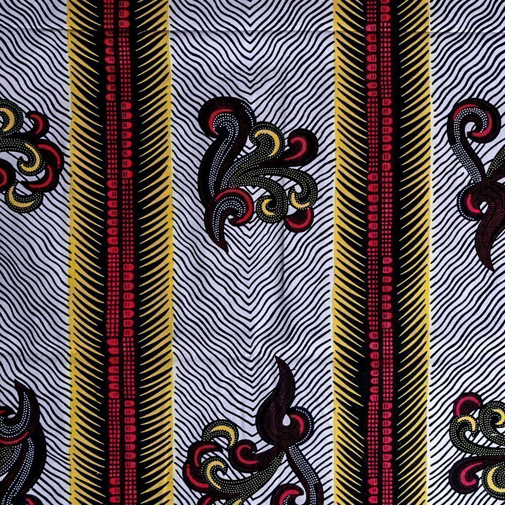 Tissu Wax Africain N°282 Fleurs Jaunes et roses sur fond Blanc et bleu marine