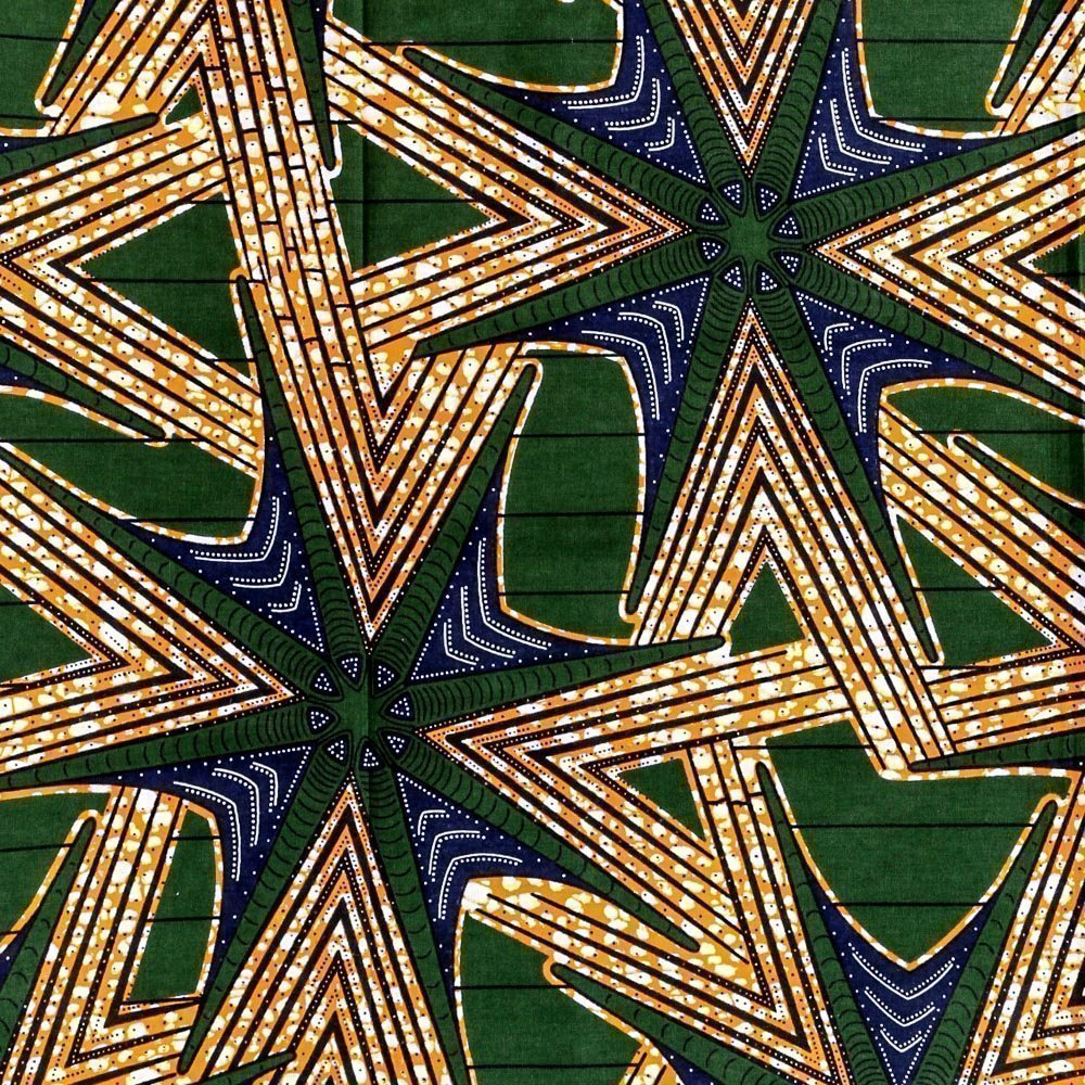 Tissu Wax Africain N°285 Etoiles Bleues, moutarde et vertes sur fond Vert