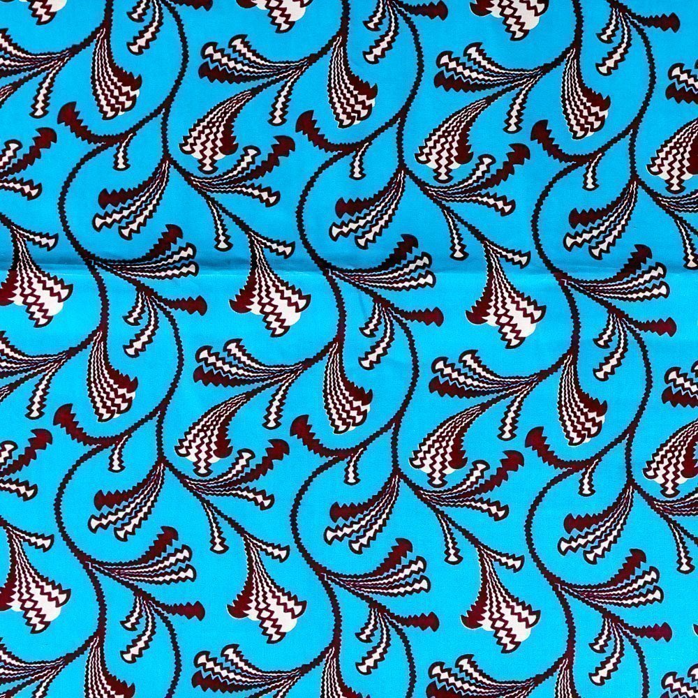 Tissu Wax Africain N°287 Fleurs Prune sur fond Bleu