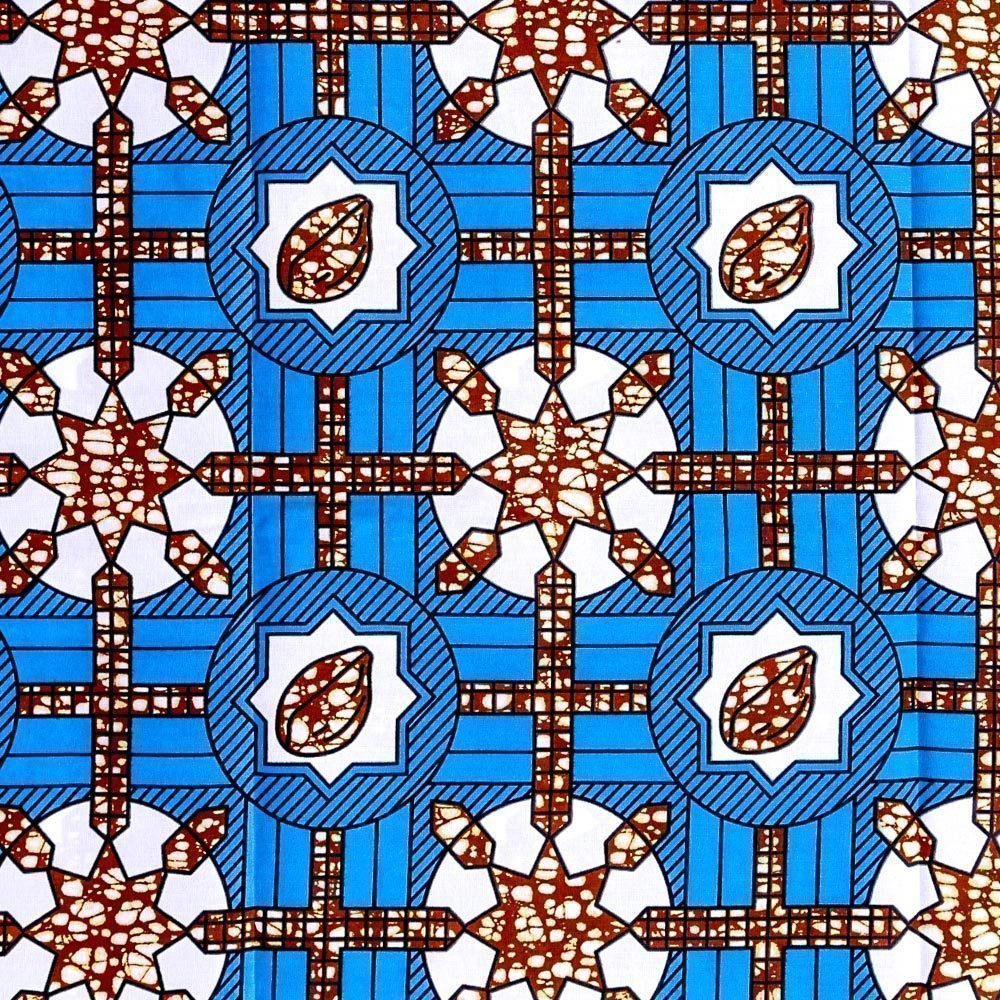 Tissu Wax Africain N°288 Etoiles Marrons et blanches sur fond Bleu