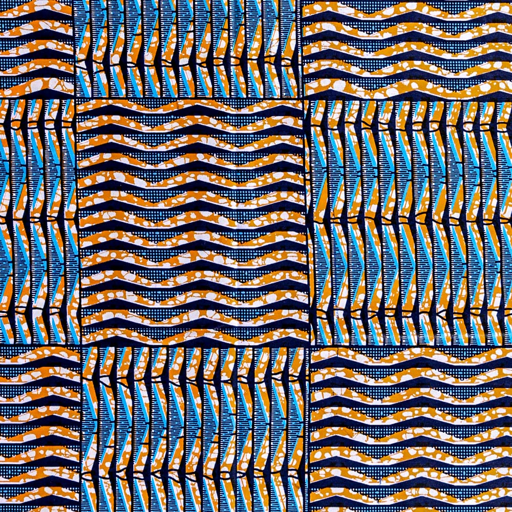 Tissu Wax Africain N°289 Enduit Carrés Oranges et écrus sur fond Bleu