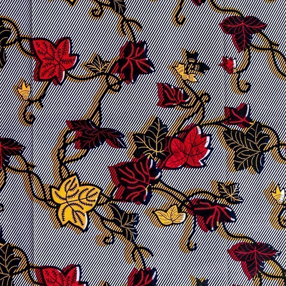 Tissu Wax Africain N°290 Feuilles Rouges et jaunes sur fond Bleu marine et blanc