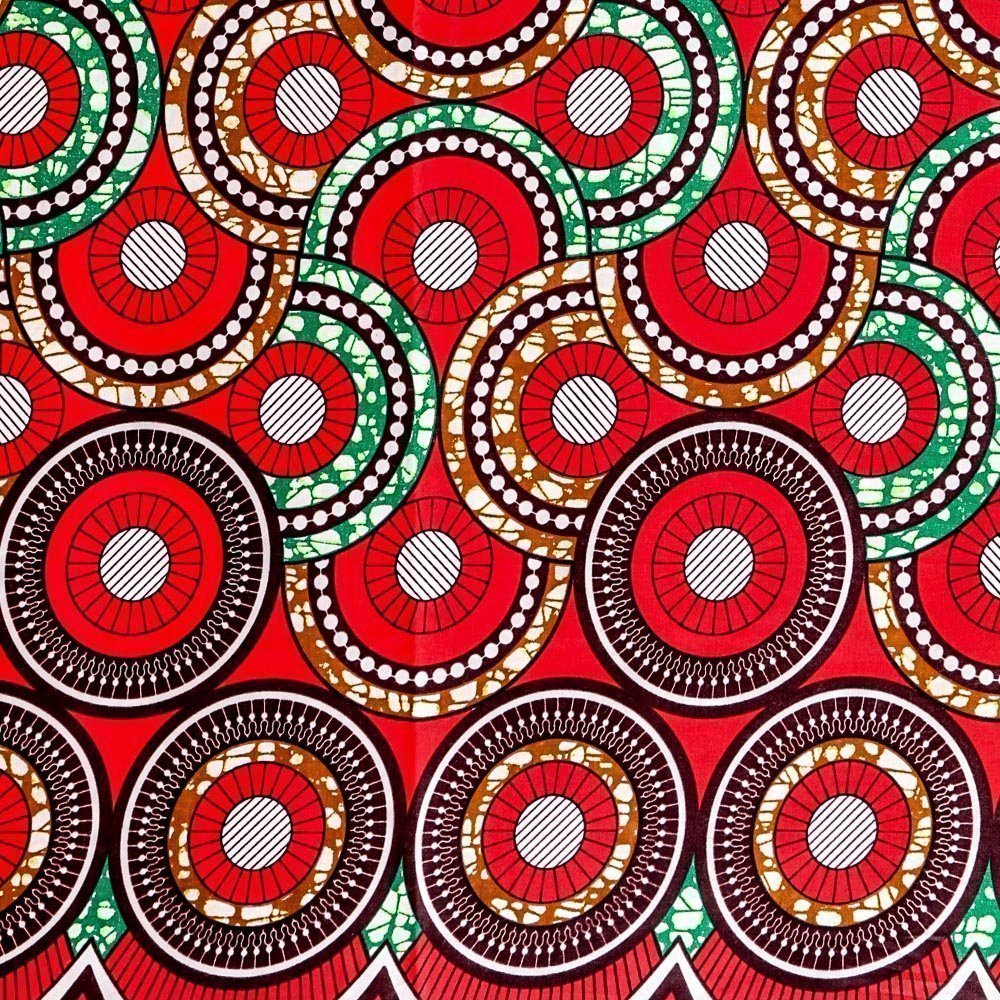 Tissu Wax Africain N°291 Enduit Cercles Marrons et verts sur fond Rouge