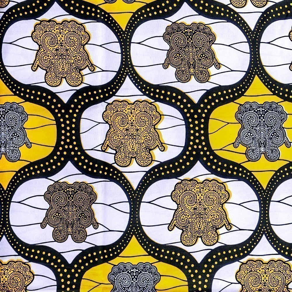 Tissu Wax Africain N°294 Formes motifs ethniques Jaunes et noirs sur fond Blanc