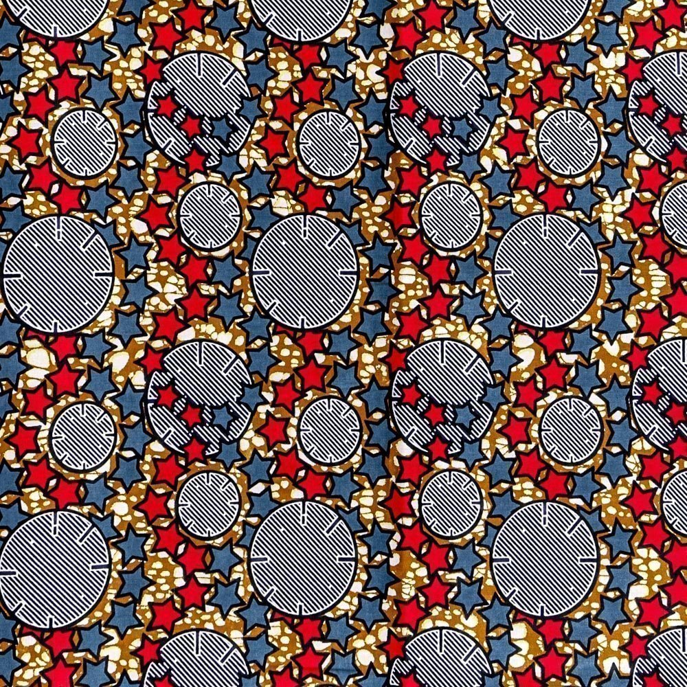 Tissu Wax Africain N°295 Etoiles et cercles Bleu marine et rouges sur fond Marron