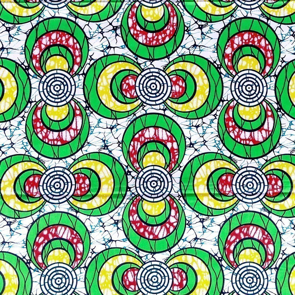 Tissu Wax Africain N°296 Cercles Verts, rouges et jaunes sur fond Blanc