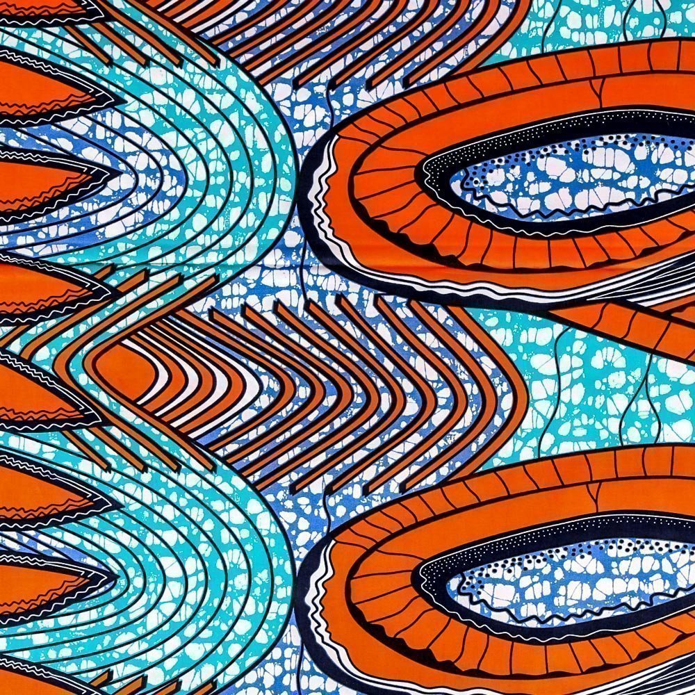 Tissu Wax Africain N°298 Enduit Motifs Africains Oranges et bleu marine sur fond Emeraude et violet