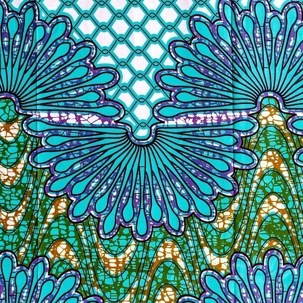 Tissu Wax Africain N°299 Motifs Africains Emeraude et violets sur fond Blanc