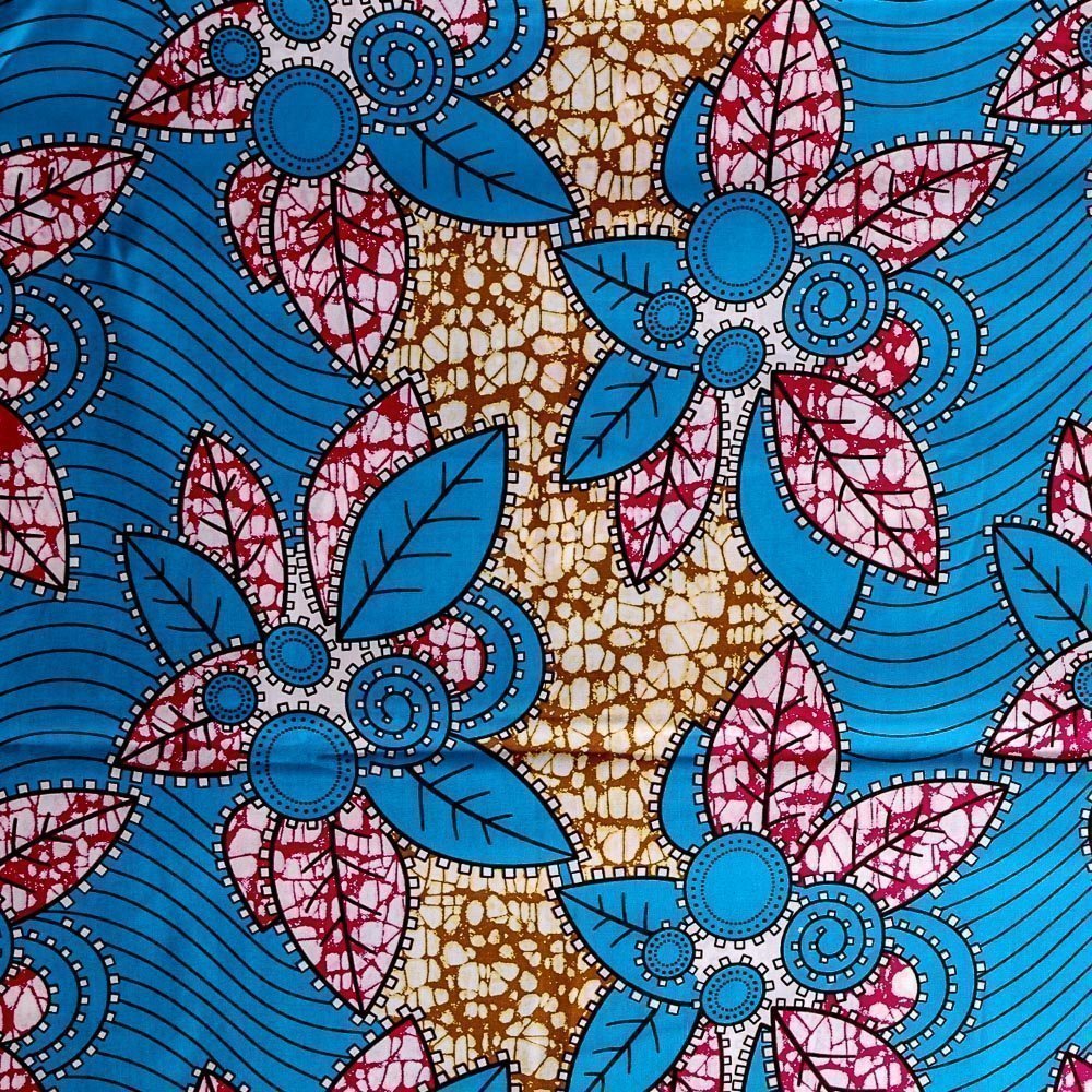 Tissu Wax Africain N°300 Feuilles Roses et bleues sur fond Bleu