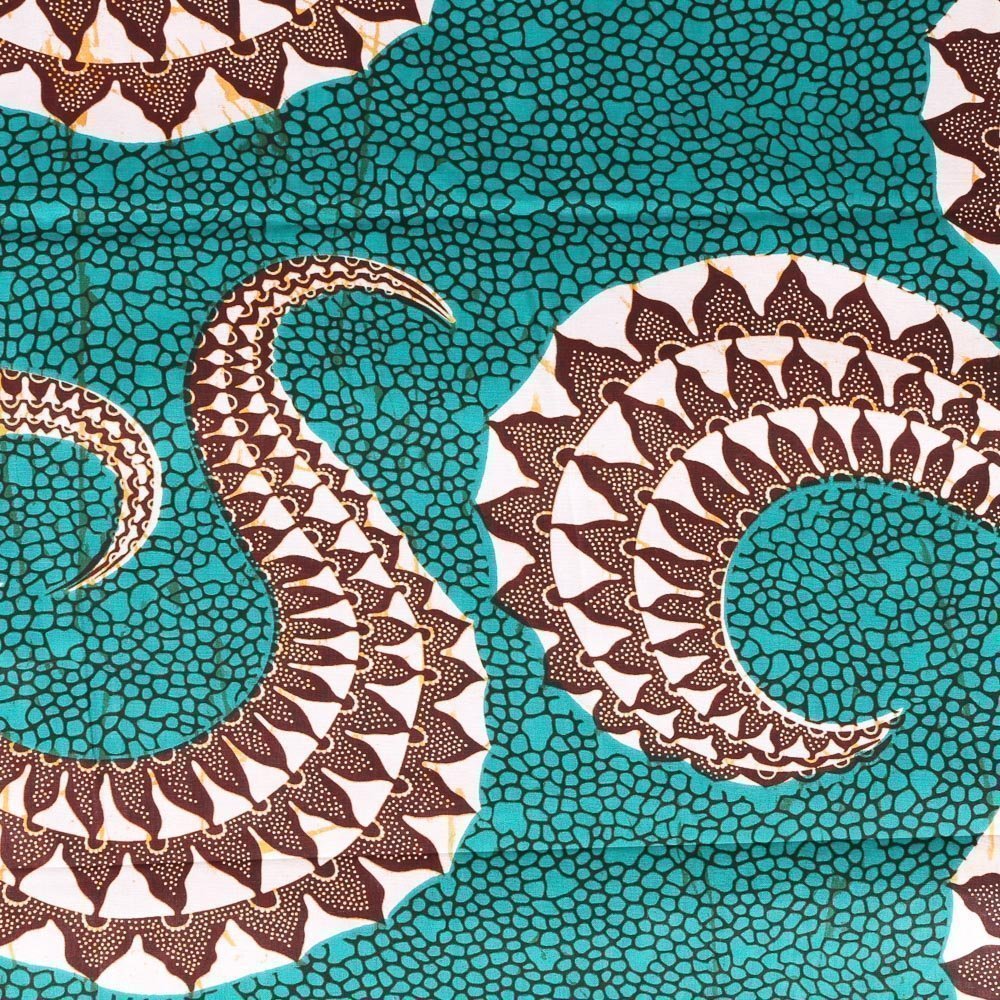 Tissu Wax Africain N°301 Motifs Africains Marrons et écrus sur fond Vert