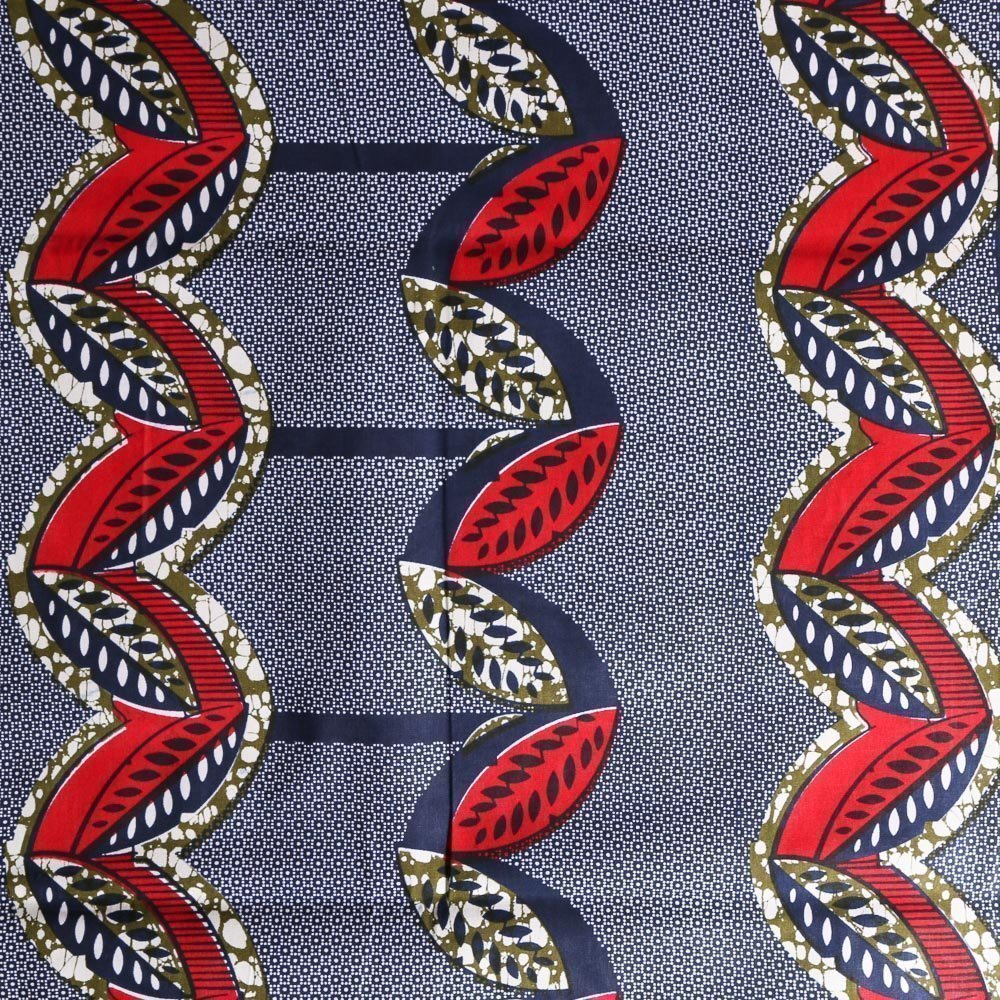 Tissu Wax Africain N°302 Tulipes Kaki et rouges sur fond Bleu marine