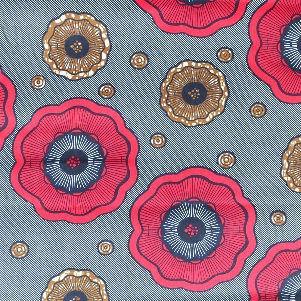 Tissu Wax Africain N°304 Fleurs Rouges et kaki sur fond Bleu marine et écru