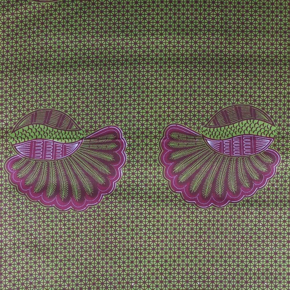 Tissu Wax Africain N°305 Grains de café Prune et verts sur fond Vert