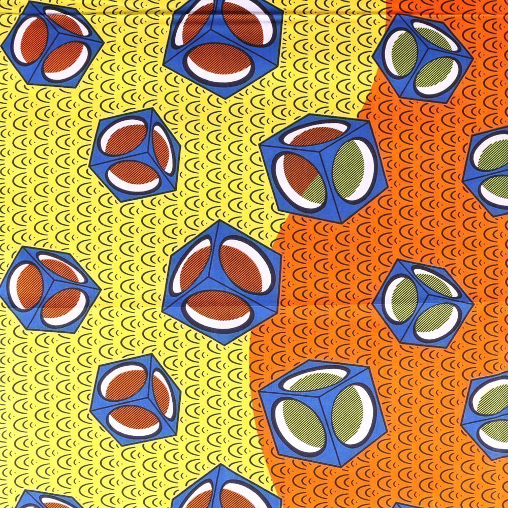 Tissu Wax Africain N°306 Cubes Bleus sur fond Multicolore