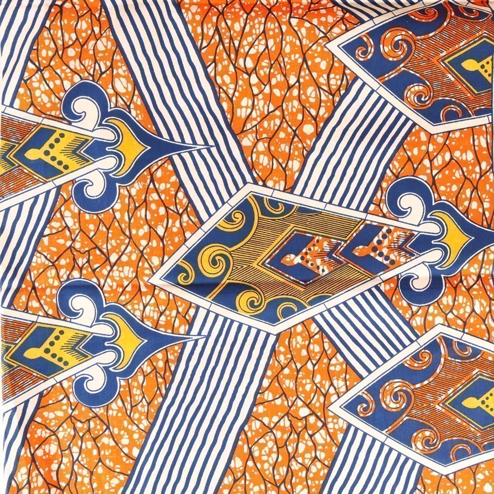 Tissu Wax Africain N°307 Losanges Bleu marine et écrus sur fond Orange