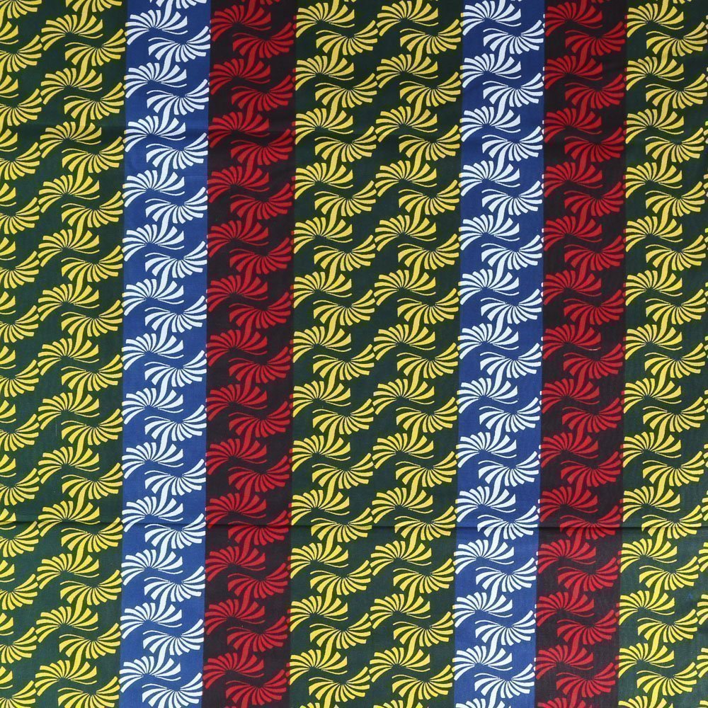 Tissu Wax Africain N°308 Courbes Vertes, rouges et bleues sur fond Vert sapin
