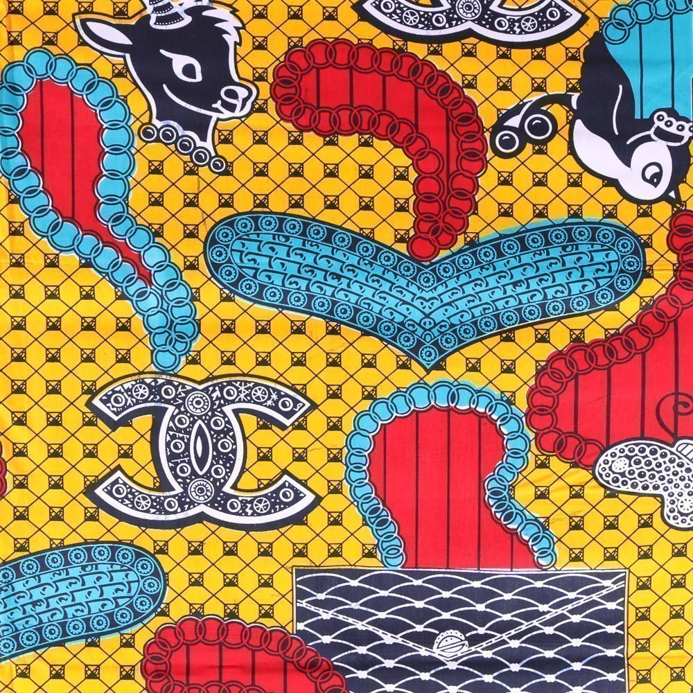 Tissu Wax Africain N°309 Biches et oiseaux Bleus et rouges sur fond Jaune