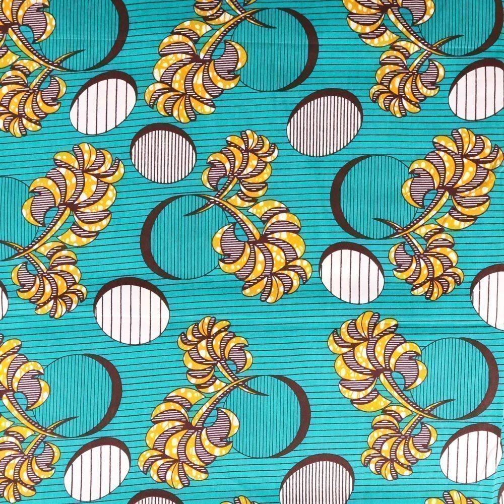 Tissu Wax Africain N°310 Feuilles Moutarde et marrons sur fond Emeraude