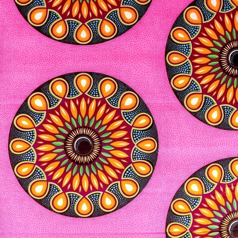 Tissu Wax Africain N°311 Rosaces Multicolores sur fond Rose