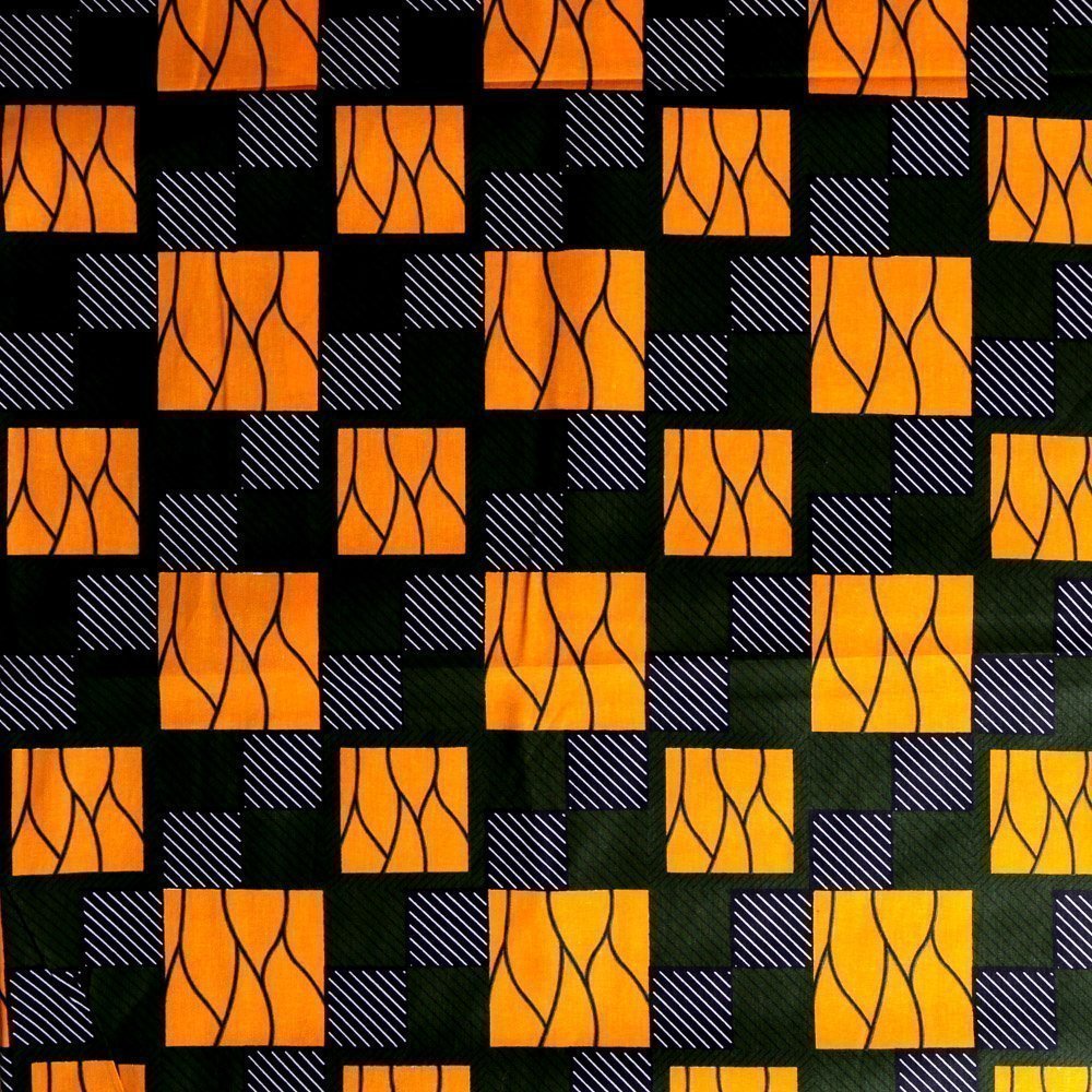 Tissu Wax Africain N°313 Carrés Jaunes et bleu marine sur fond Vert sapin