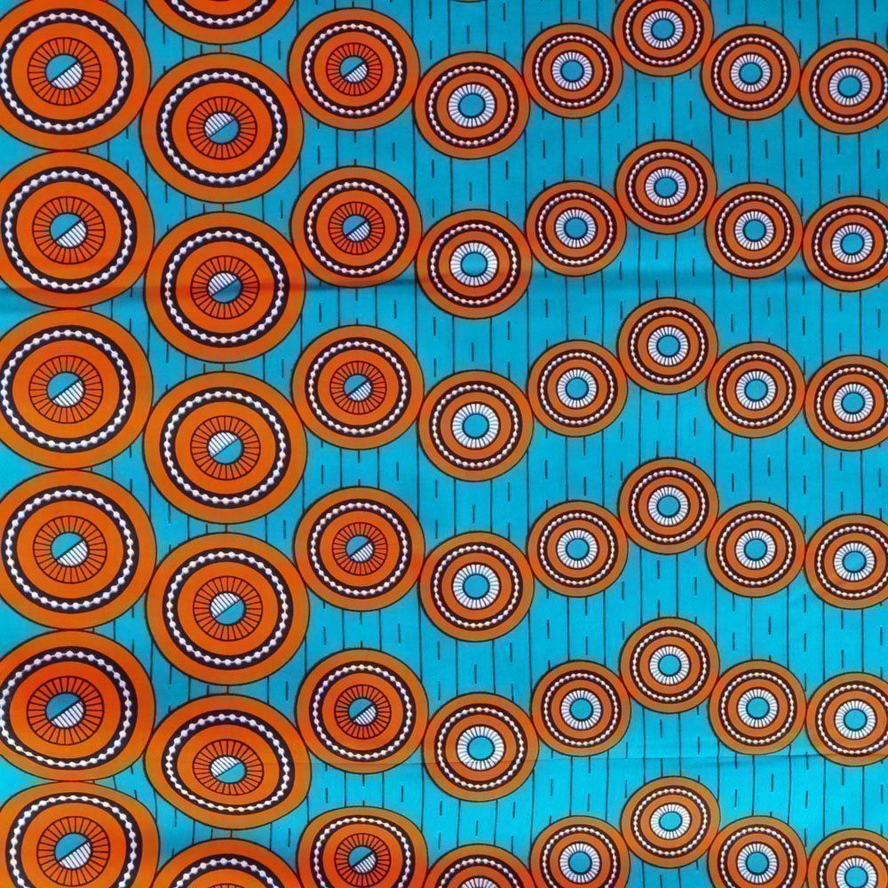 Tissu Wax Africain N°314 Cercles Oranges sur fond Bleu