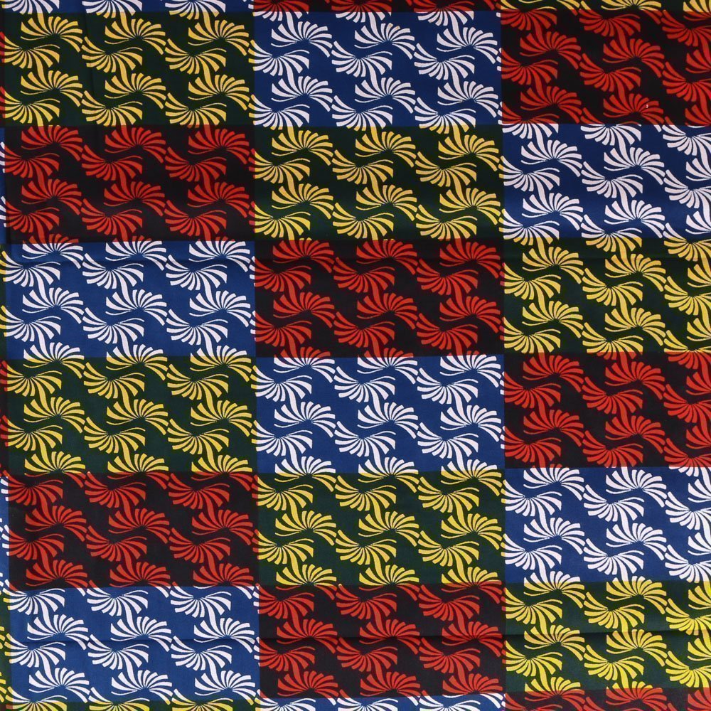 Tissu Wax Africain N°315 Courbes Jaunes, rouges et bleues sur fond Bleu marine