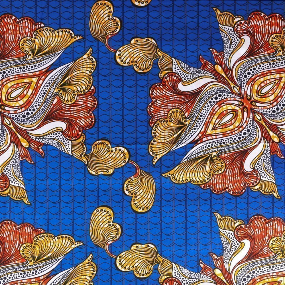 Tissu Wax Africain N°316 Papillons Jaunes, oranges et blancs sur fond Bleu roi