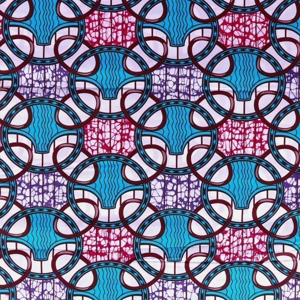 Tissu Wax Africain N°317 Enduit Cercles et anneaux Bleus, fuchsia et violets sur fond Blanc