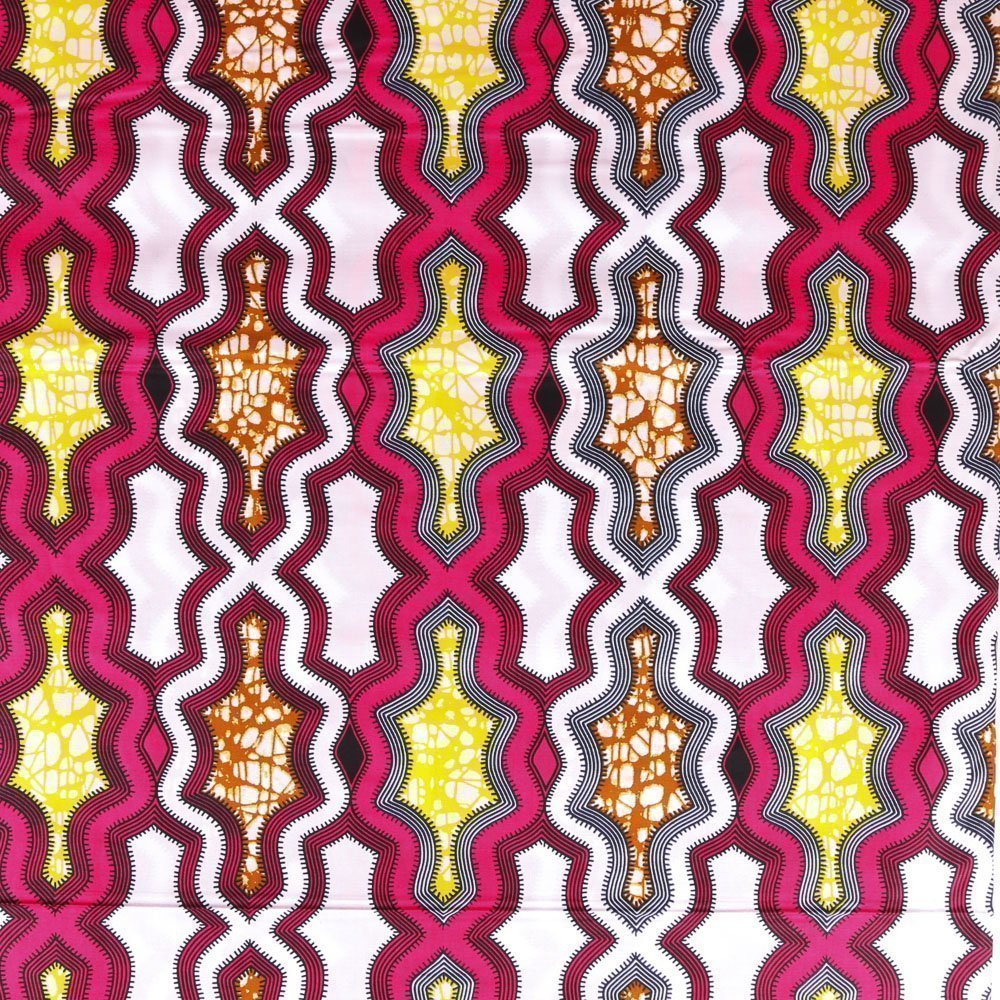 Tissu Wax Africain N°318 Enduit Motifs Africains Roses, jaunes et marrons sur fond Blanc