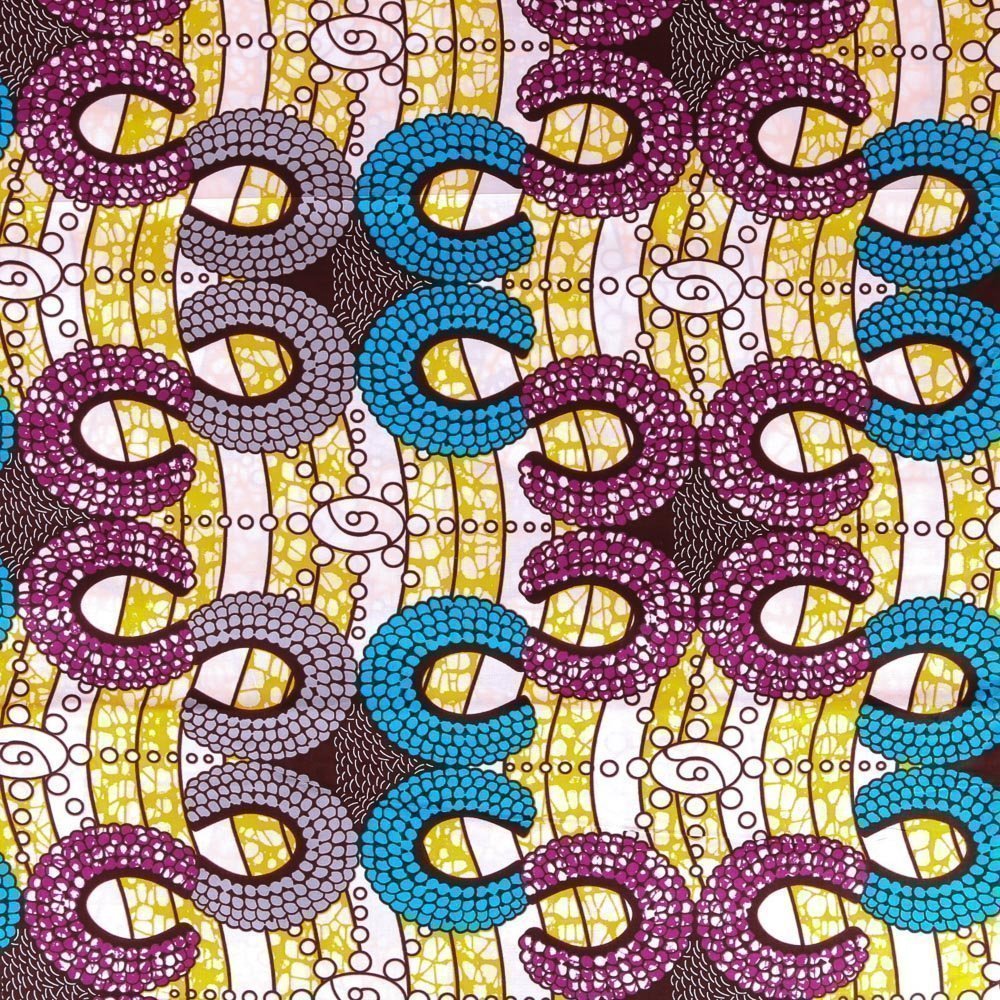 Tissu Wax Africain N°319 Enduit Serpentins Bleus, gris et violets sur fond Blanc