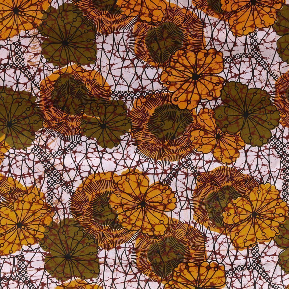 Tissu Wax Africain N°321 Fleurs Kaki et oranges sur fond Gris clair