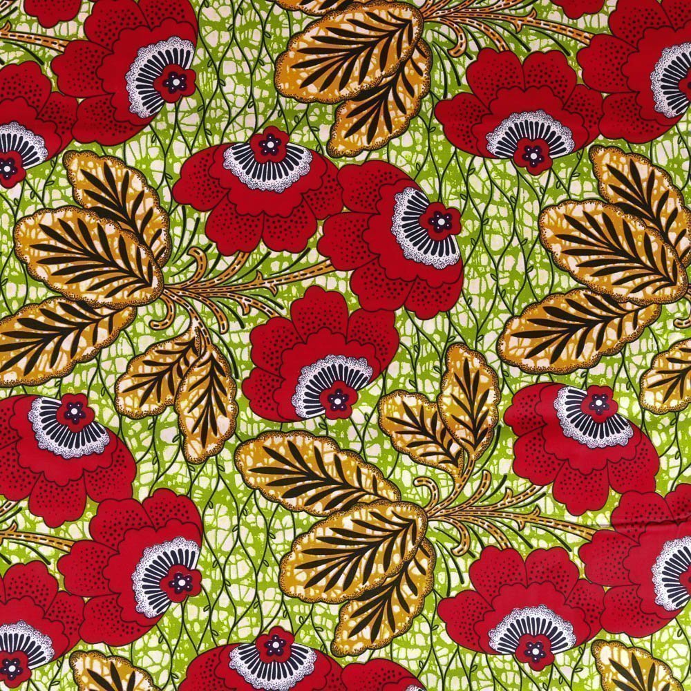 Tissu Wax Africain N°323 Enduit Fleurs Rouges et oranges sur fond Vert