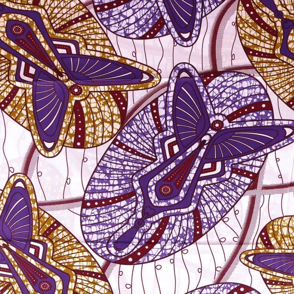 Tissu Wax Africain N°324 Ovales Violets et Moutarde sur fond Blanc